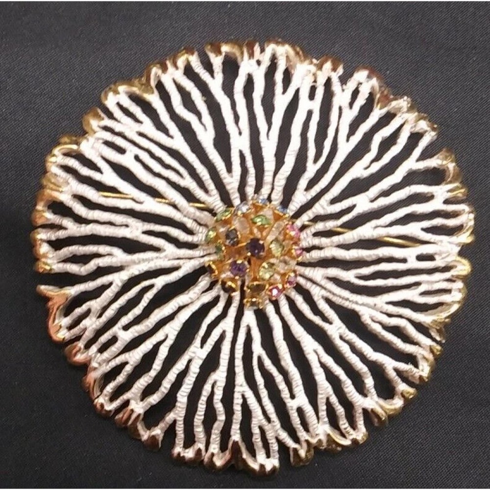 Vintage 1970s Signed Park Lane Large White Enamel Rhinestone Coral Flower Brooch